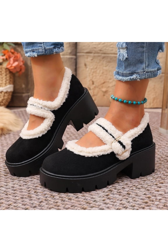 Chunky Block Heel Loafers for Women Closed Suede Round Toe Fleece-lined Pumps Slip On Dress Shoes Women's Loafers Black 5.5(36)