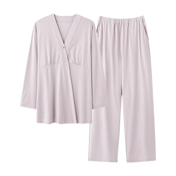 Fengqque Comfortable Fit Postpartum Maternity Maternity Nursing Set Multifunctional Maternity Postpartum Pajamas Cotton Belt Chest Pad Adjustable Drawstring Long Sleeved Round Neck Set