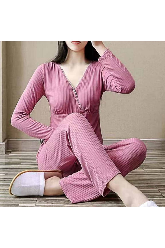 Comfortable Fit Postpartum Maternity Maternity Nursing Set Pregnant Nursing Color Round Neck Long Sleeve Breastfeeding Blouse Pants Two Piece Set