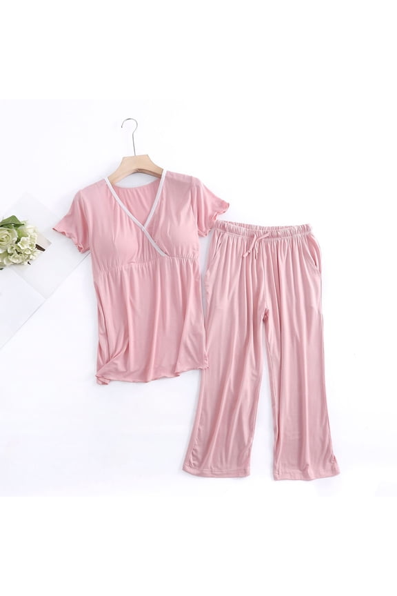 Comfortable Fit Postpartum Maternity Maternity Nursing Set Solid White Striped Pregnant V-neck Short Sleeved 7/4 Pants Set Suit Set