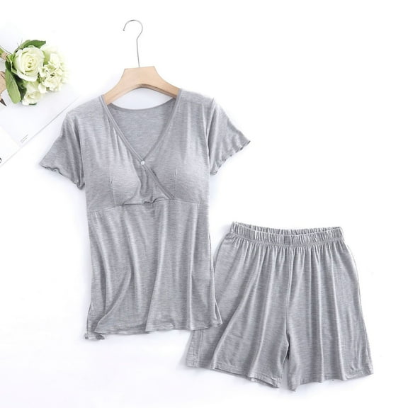 Fengqque Comfortable Fit Postpartum Maternity Maternity Nursing Set V-neck Short Sleeved Postpartum Clothing For Pregnant Breastfeeding Dress Home Clothing Short Sleeved V-neck Dress