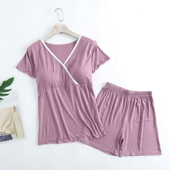 Fengqque Comfortable Fit Postpartum Maternity Maternity Nursing Set V-neck Short Sleeved Postpartum Clothing For Pregnant Breastfeeding Dress Home Clothing Short Sleeved V-neck Dress