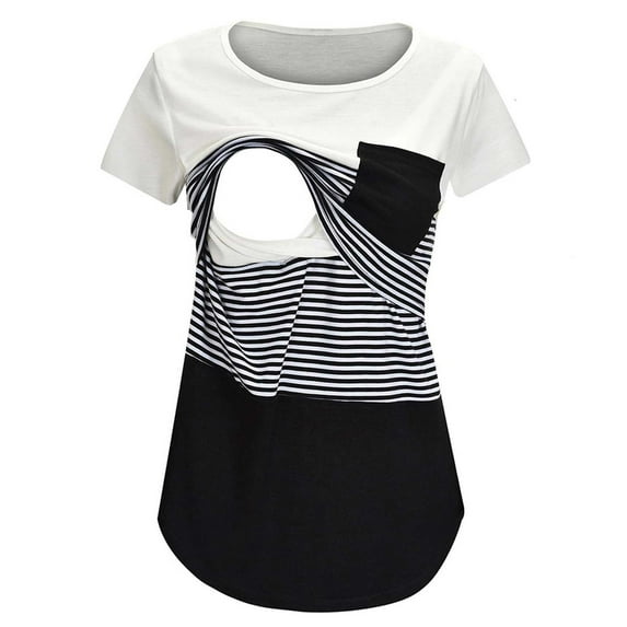 Fengqque Comfortable and Convenient Women's Nursing Tops Nursing Stripe Round Neck Short Sleeve Breastfeeding Blouse With Pocket