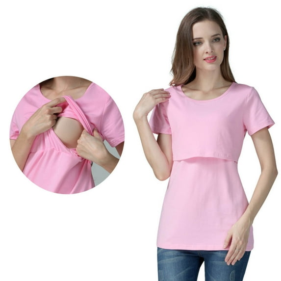Fengqque Comfortable and Convenient Women's Nursing Tops Solid Comfortable Short Sleeve T-Shirt Blouse Round Neck Casual Tops
