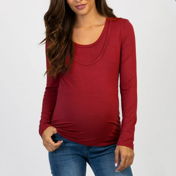Fengqque Comfortable and Convenient Women's Nursing Tops Solid Long Sleeve Breast-Feeding Pregnant Nursing Blouse