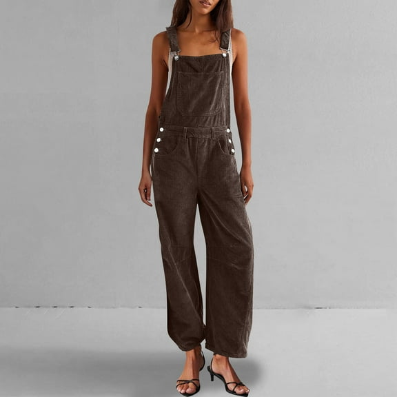 Fengqque Corduroy Overalls for Women Barrel Wide Leg Corduroy Pants Women Adjustable Romper Jumpsuit with Pockets Brown 4(S)