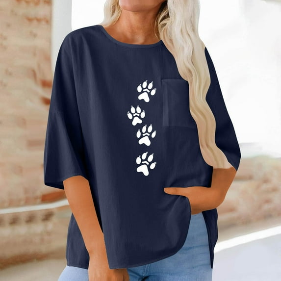 Fengqque Cotton Linen Tops for Women Casual Summer Crewneck Printing T-Shirt 3/4 Sleeve Loose Fit Tees Blue-A M(M)
