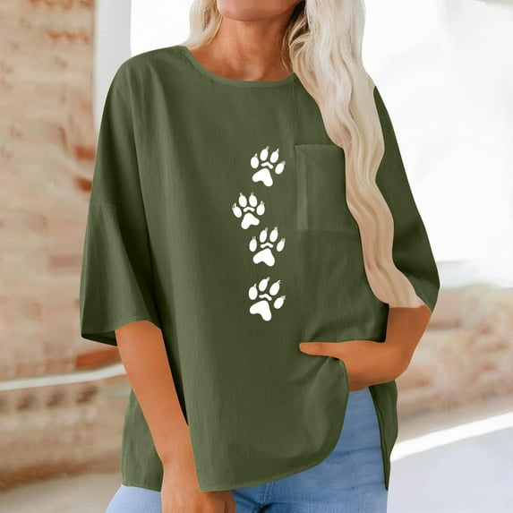 Fengqque Cotton Linen Tops for Women Casual Summer Crewneck Printing T-Shirt 3/4 Sleeve Loose Fit Tees Green-A L(L)