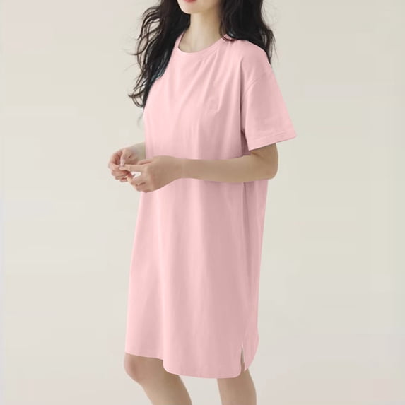 Fengqque Cotton Nightgown for Women Short Sleeve Round Neck Side Slit Nightshirt Solid Color Casual Loungewear Pink XXL