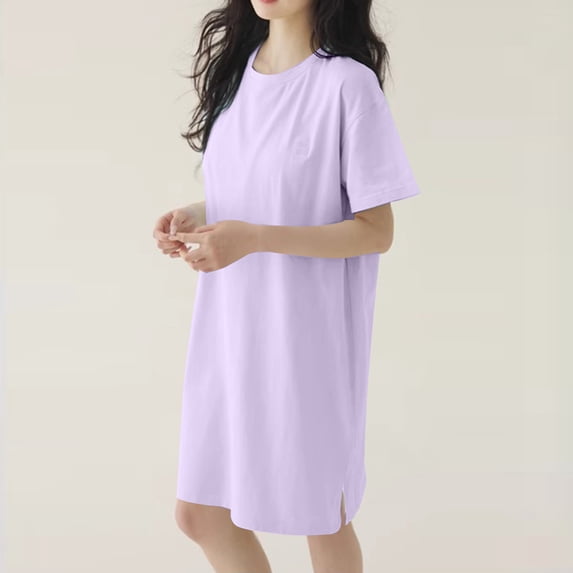 Fengqque Cotton Nightgown for Women Short Sleeve Round Neck Side Slit Nightshirt Solid Color Casual Loungewear Purple XXL