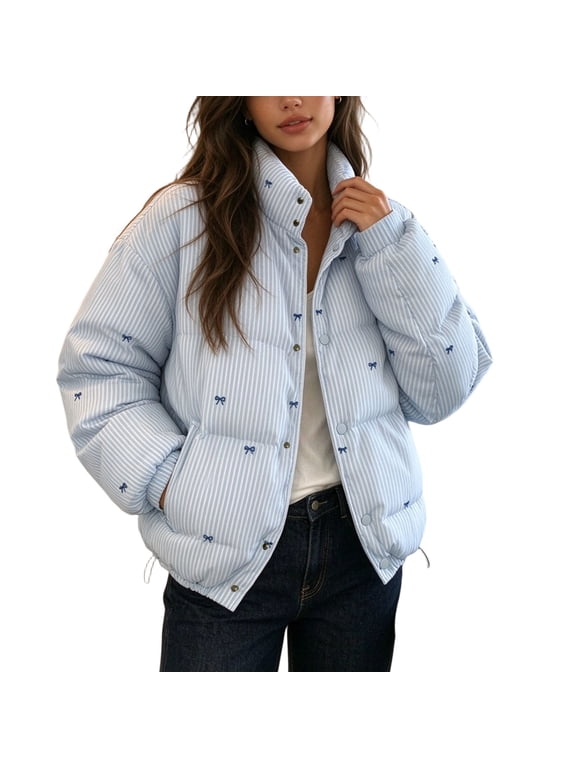 Women's Striped Bow Embroidered Oversized Stand Collar Puffer Jacket, Light Blue Winter Coat