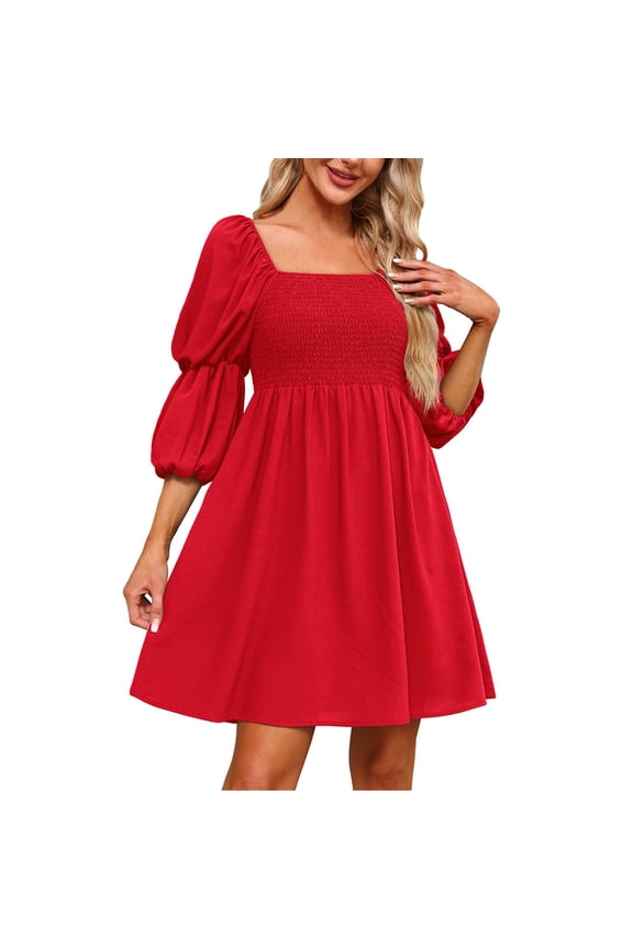 Women's High-Waist Long Sleeve Casual Loose Dresses Square Neck Puff 3/4 Sleeve Smocked Chest Off Shoulder Babydoll Mini Dress Red XXL