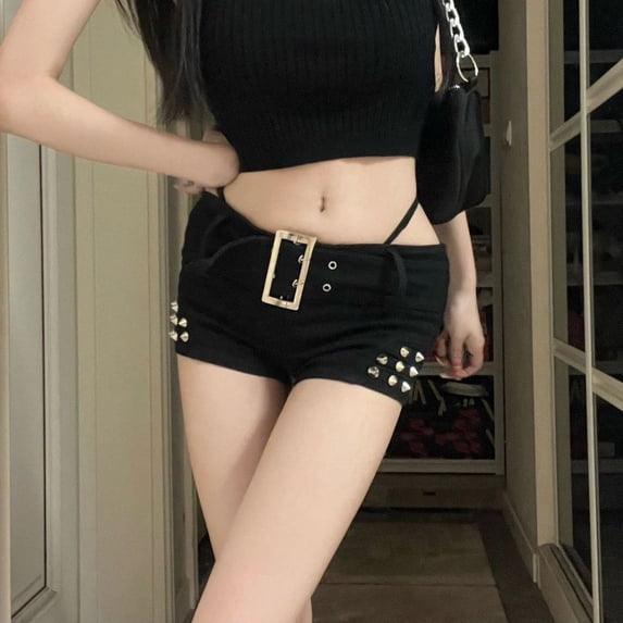 Fengqque Denim Shorts for Women Low Waist Tight Shorts Punk Denim Shorts Rivets Hot Pants Women's Shorts Black XS(XS)