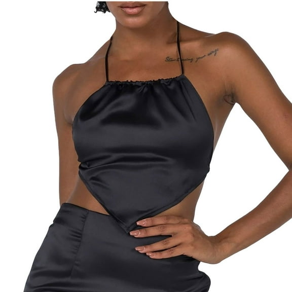 Fengqque Fashion Women Casual Solid Sexy Sleeveless Hanging Neck Solid Color Bellyband Base Shirt Tops