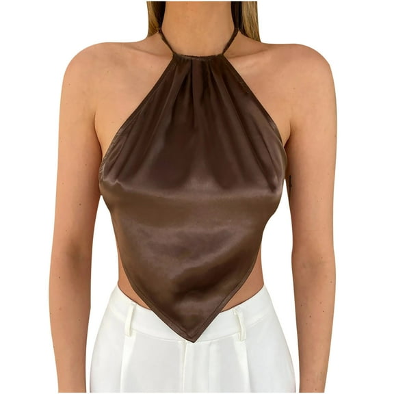 Fengqque Fashion Women Casual Solid Sexy Sleeveless Hanging Neck Solid Color Bellyband Base Shirt Tops