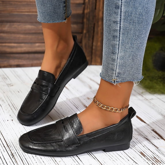 Fengqque Flats for Women Round Toe Flat Shoes Dressy Flats PU Leather Slip on Shoes for Work Black 7.5(40)