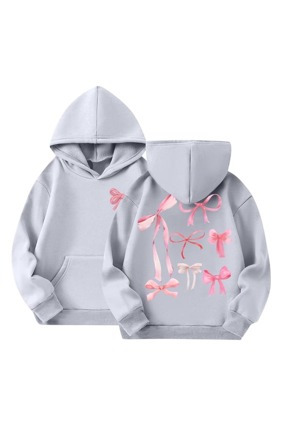 Girl's Autumn and Winter Long Sleeved Bow Print Hoodie Pocket Loose Fitting Pullover 2-14 Years Old Gray 11 Years