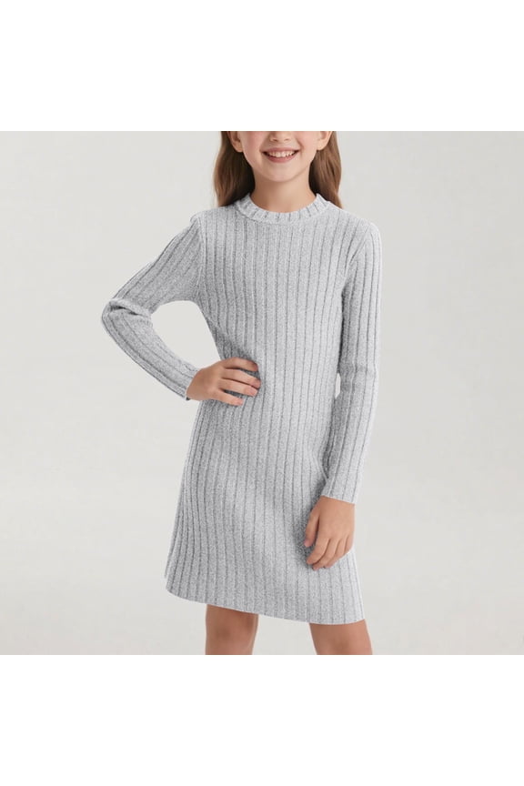 Girl's Autumn and Winter Long Sleeved Round Neck Slim Fit Base Layer Knit Dress 8-12 Years Old Gray 10 Years