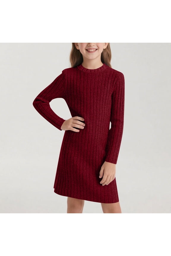 Girl's Autumn and Winter Long Sleeved Round Neck Slim Fit Base Layer Knit Dress 8-12 Years Old Wine 8 Years