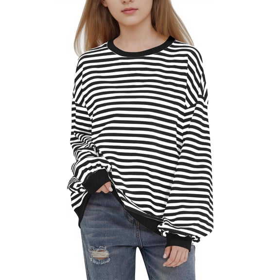 Fengqque Girl's Color Blocking Long Sleeved Round Neck Striped Print Loose Casual Pullover Sweatshirt 1-12 Years Old Black 5-6 Years