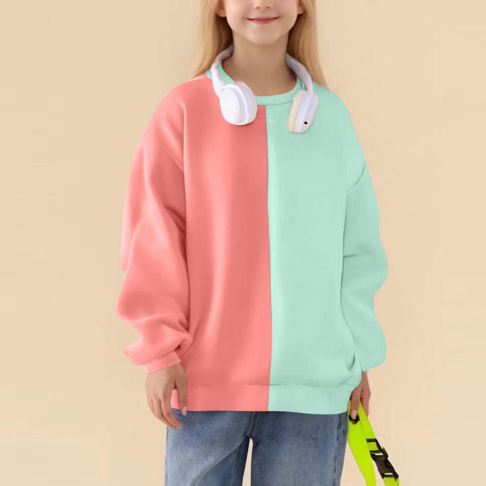 Colorblock 381 Fengqque Girl's Daily Casual Colorblock Long Sleeved Round Neck Loose ...