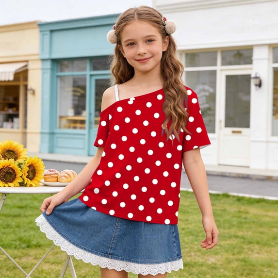 Fengqque Girl's off the Shoulder Tops Short Sleeve Loose Summer T Shirt Tops Polka Dot Print Cold Shoulder Tops Red-A 9-10 Years