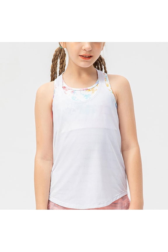 Girls Athletic Tank Top Loose Flowy Active Shirt Solid Color Sleeveless Y-shaped back Yoga Running Dance Top White 8-10 Years