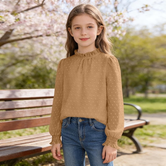 Fengqque Girls Blouse Shirts Long Sleeve Top Ruffle Collar Solid Color Stand Collar Top 5-14 Years Brown 5-6 Years