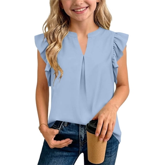 Fengqque Girls Blouse V-Neck Ruffled Cap Sleeves Pleated Front Relaxed Fit Flowy Casual Top 5-14 Years Light Blue 7-8Years