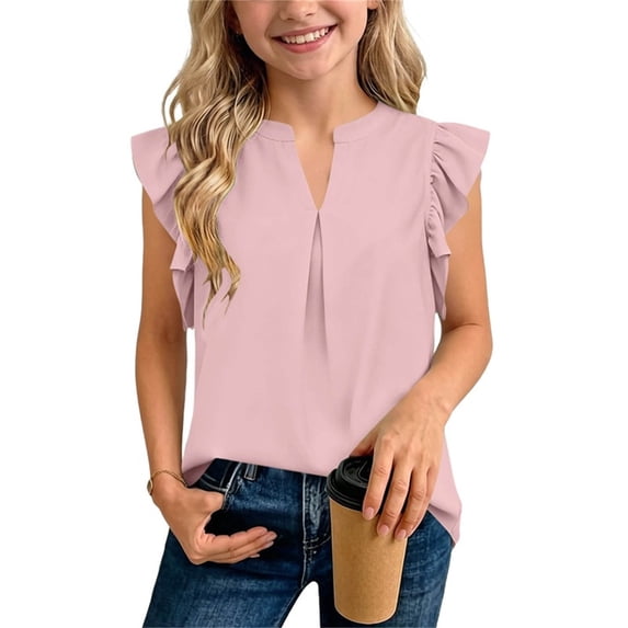 Fengqque Girls Blouse V-Neck Ruffled Cap Sleeves Pleated Front Relaxed Fit Flowy Casual Top 5-14 Years Pink 7-8Years