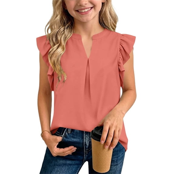 Fengqque Girls Blouse V-Neck Ruffled Cap Sleeves Pleated Front Relaxed Fit Flowy Casual Top 5-14 Years Red 5-6Years