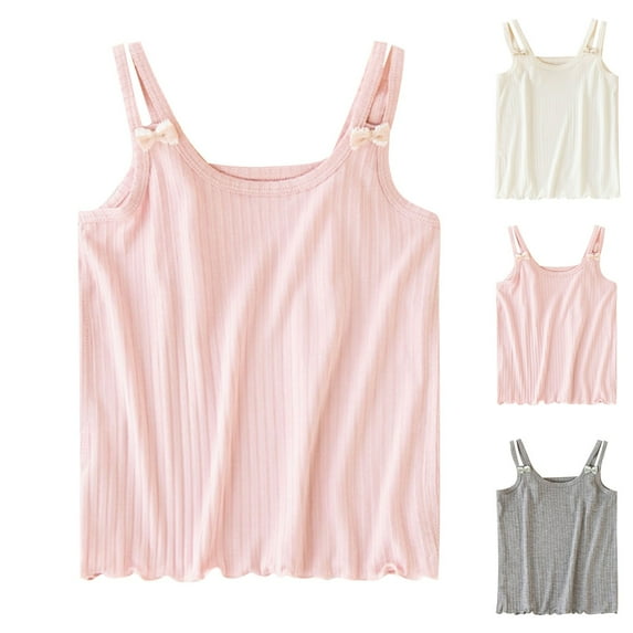 Fengqque Girls Camisole Ribbed Knit Undershirts Bow Lettuce Spaghetti Strap Sleeveless Tank Tops Casual Basic Cami White 13-14 Years