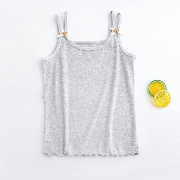 Fengqque Girls Cotton Ribbed Camisole Double Thin Straps Shoulder Bow Decoration Ruffled Hem Summer Top Gray 3-4 Years