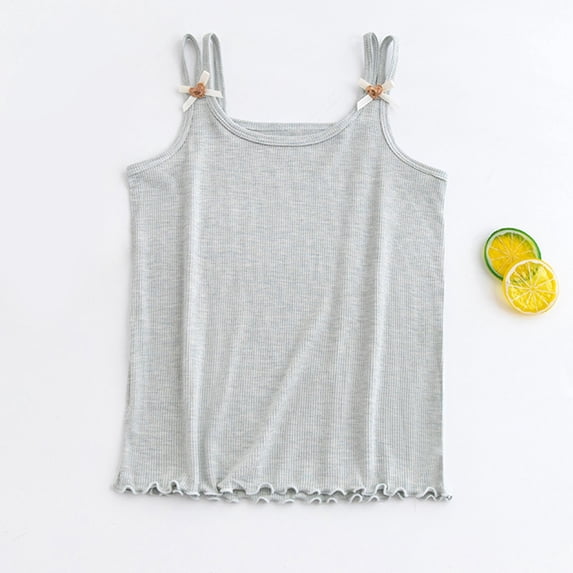 Fengqque Girls Cotton Ribbed Camisole Double Thin Straps Shoulder Bow Decoration Ruffled Hem Summer Top Green 11-12 Years