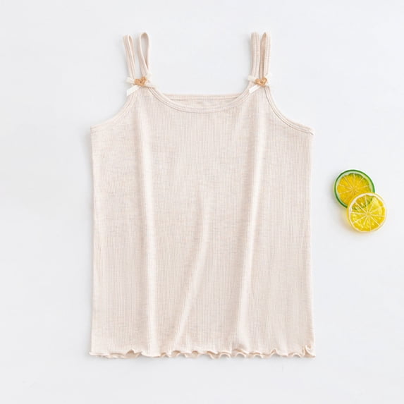 Fengqque Girls Cotton Ribbed Camisole Double Thin Straps Shoulder Bow Decoration Ruffled Hem Summer Top Khaki 9-10 Years