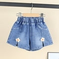thumbnail image 1 of Fengqque Girls Denim Shorts Elastic Waist 3D Flower Side Split Casual Summer Shorts with Pockets Sky Blue 3-4 Years, 1 of 5