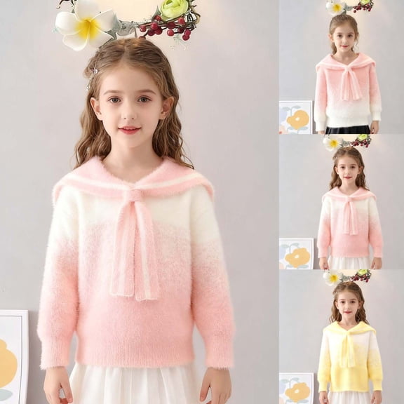 Fengqque Girls Fashion Casual Long Sleeves Shawl Collar Gradient Warm Knitted Sweater Pullover 2-13 Years Old Yellow 2-3 Years