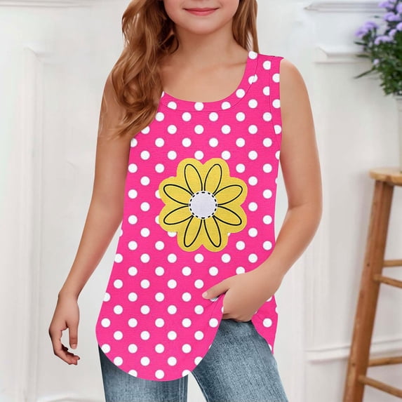 Fengqque Girls Flower Print Crewneck Tank Tops Graphic Curved Hem Sleeveless Tops Summer Casual Loose Fit Shirts