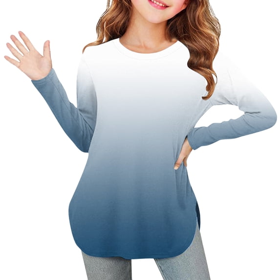 Fengqque Girls Long Sleeve Round Neck Gradient Color Shirts Curve Hem Side Slit Soft Tunic Tops T-Shirts Blue 3 Years