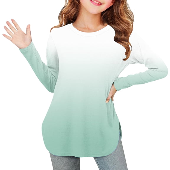 Fengqque Girls Long Sleeve Round Neck Gradient Color Shirts Curve Hem Side Slit Soft Tunic Tops T-Shirts Green 11 Years