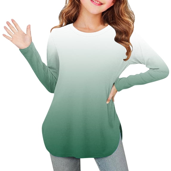 Fengqque Girls Long Sleeve Round Neck Gradient Color Shirts Curve Hem Side Slit Soft Tunic Tops T-Shirts Green 4 Years