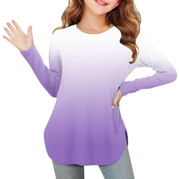 Fengqque Girls Long Sleeve Round Neck Gradient Color Shirts Curve Hem Side Slit Soft Tunic Tops T-Shirts Purple 11 Years