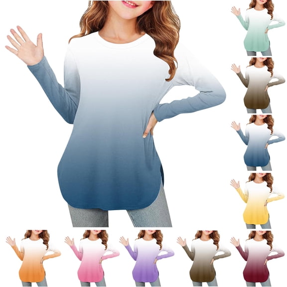 Fengqque Girls Long Sleeve Round Neck Gradient Color Shirts Curve Hem Side Slit Soft Tunic Tops T-Shirts Yellow 11 Years