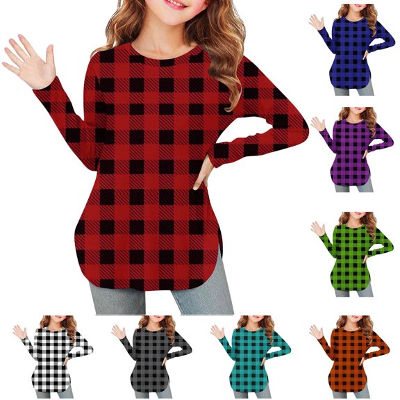 Fengqque Girls Long Sleeve Round Neck Plaid Print Shirts Curve Hem Side Slit Soft Tunic Tops T-Shirts Red 11 Years