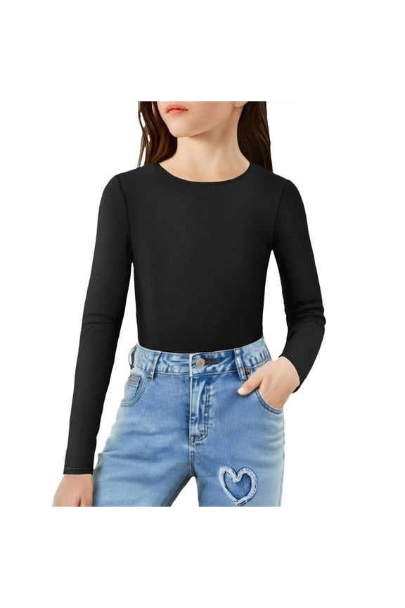 Girls Long Sleeve Round Neck Tight-fitting Warm Underwear Casual Base Layer Tops Tees 1-15 Years Old Black 8-11Years
