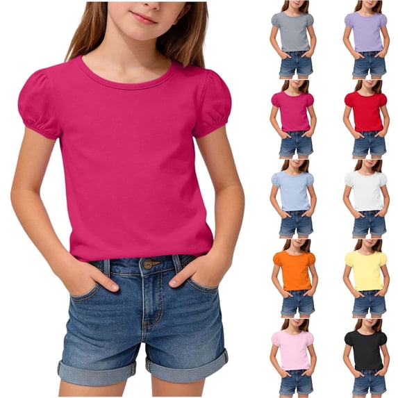 Fengqque Girls' Puff Short Sleeve Cotton T-Shirts Round Neck Loose Fit Tops Teen Summer Solid Color Basic Tee Yellow 6-7 Years