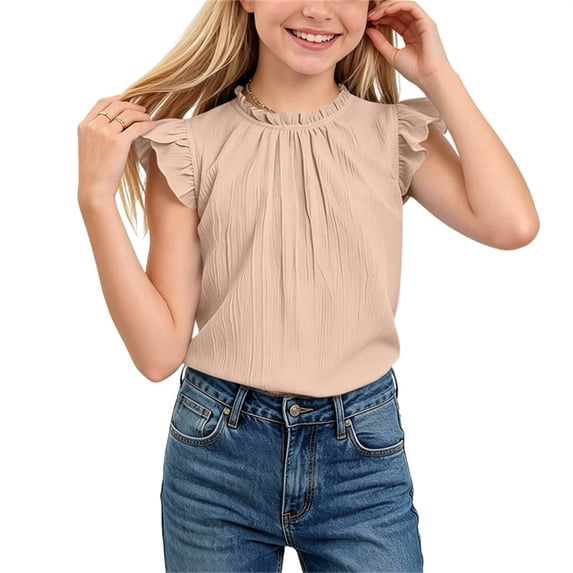 Fengqque Girls Ruffle Short Sleeve Shirts Cute Summer Crew Neck Frill Neck Pleated Textured Blouse Tops Khaki 5-6Years