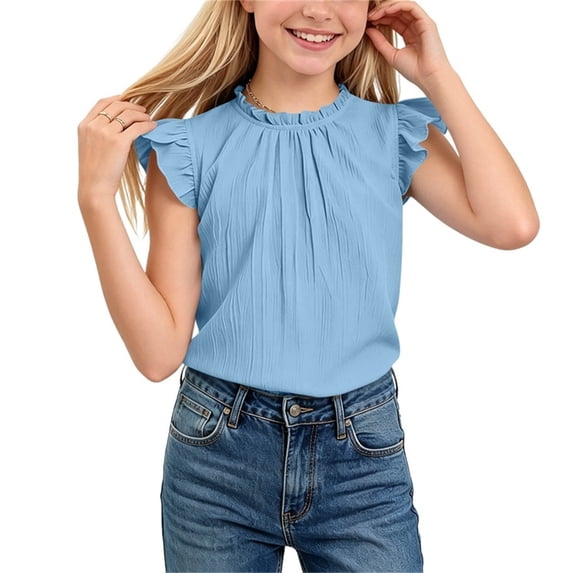Fengqque Girls Ruffle Short Sleeve Shirts Cute Summer Crew Neck Frill Neck Pleated Textured Blouse Tops Light Blue 7-8Years