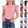 thumbnail image 1 of Fengqque Girls Ruffle Short Sleeve Shirts Cute Summer Crew Neck Frill Neck Pleated Textured Blouse Tops White 13-14Years, 1 of 9