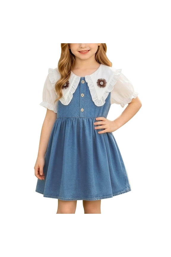 Girls Ruffled Peter Pan Collar Denim Dress Puff Short Sleeves Partial Front Buttons A-Line Casual Dress Blue-A 3-4 Years